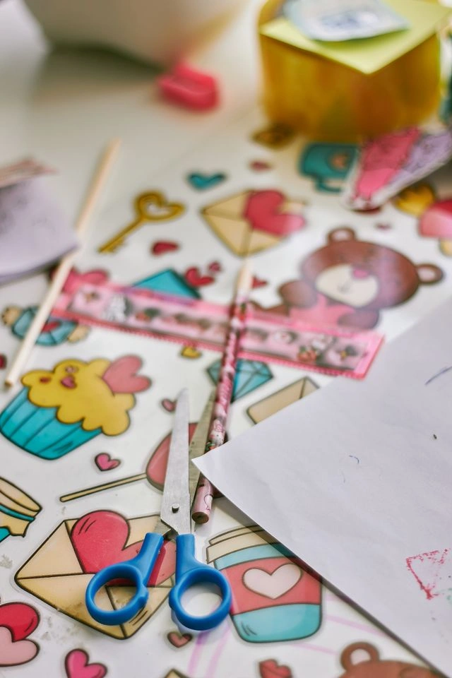 Classroom supplies with printed name labels